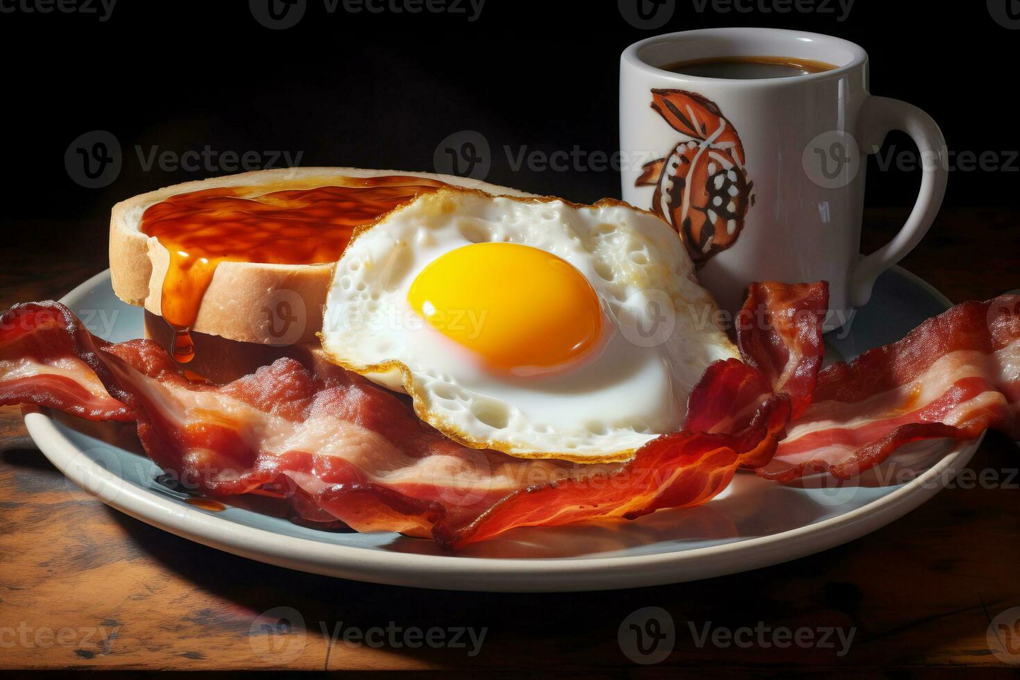 English breakfast with fried eggs and bacon, and coffee in a large mug. photo