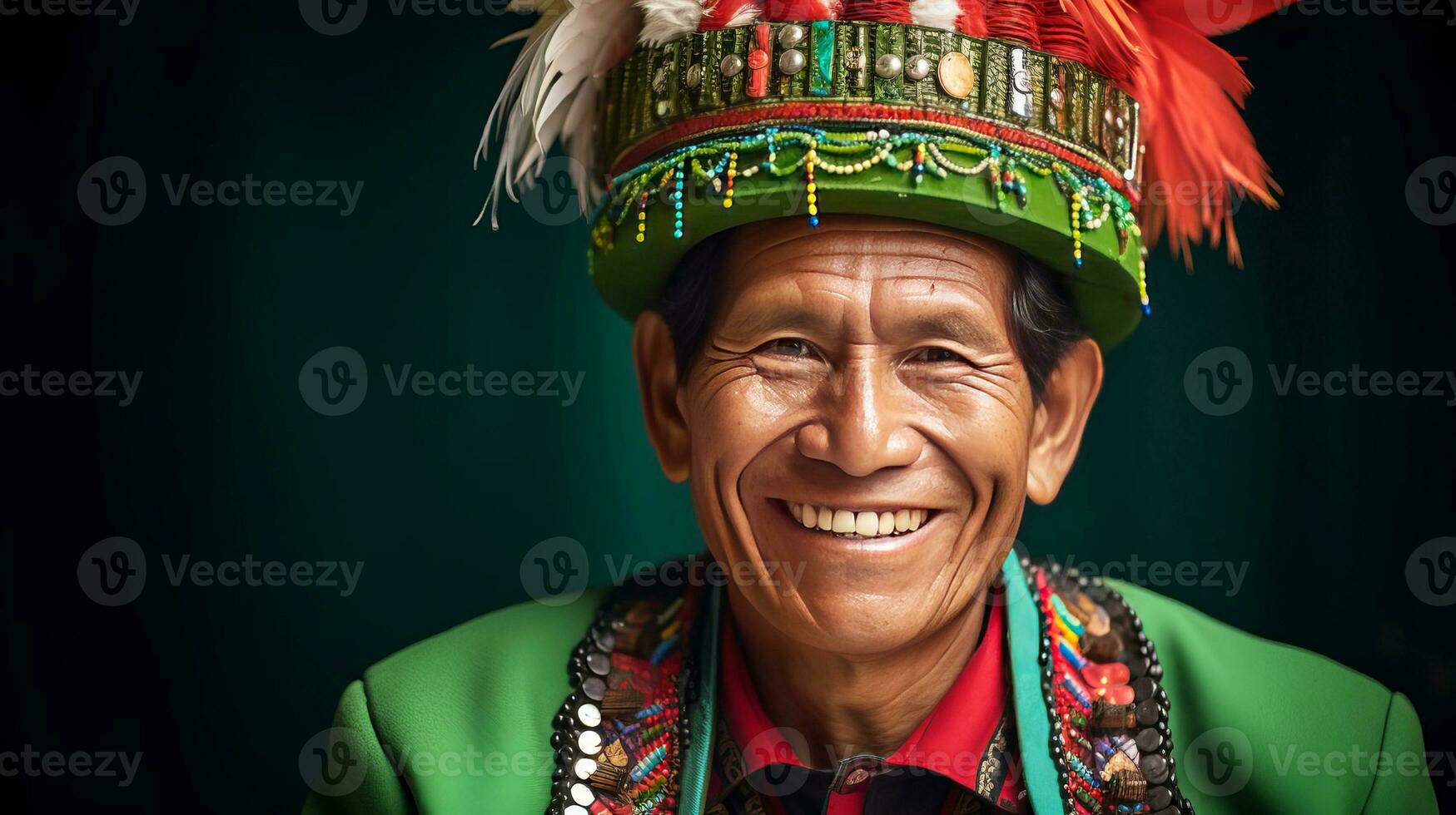 Peruvian man in festive national clothes, smiling.  AI generated. photo
