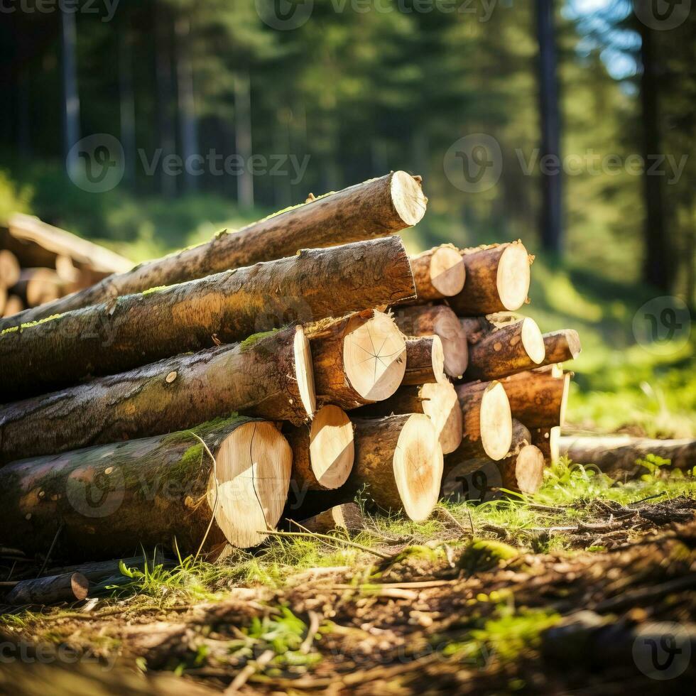 Close-up felled and sawn tree trunks stacked on the outskirts of the forest. photo