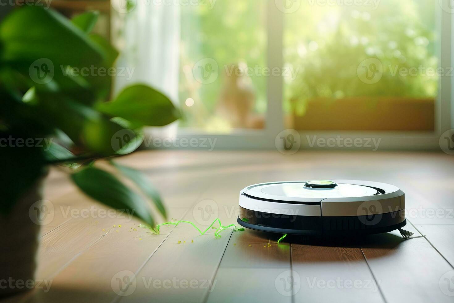 Robot vacuum cleaner is in a modern bright room photo