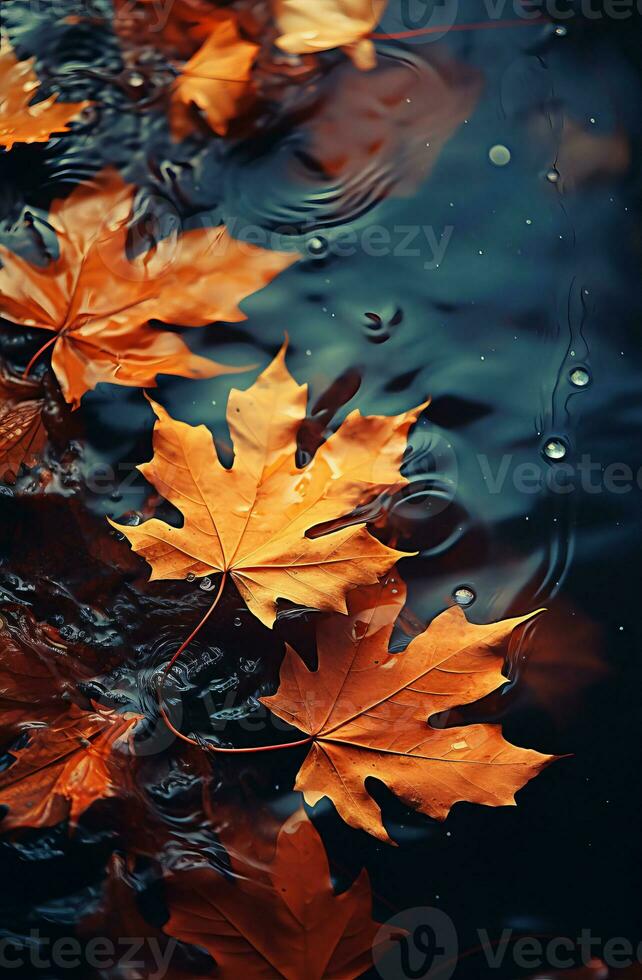 Fallen maple leaves in an autumn puddle after rain. photo