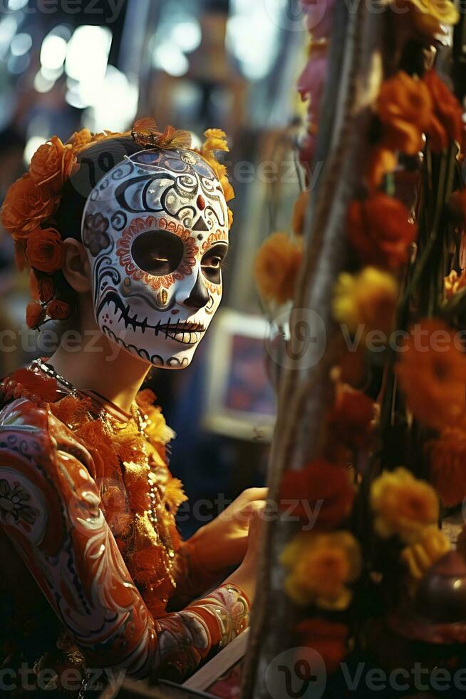 A girl puts on her face makeup in the form of a skull on the Mexican traditional folk holiday Day of the Dead photo