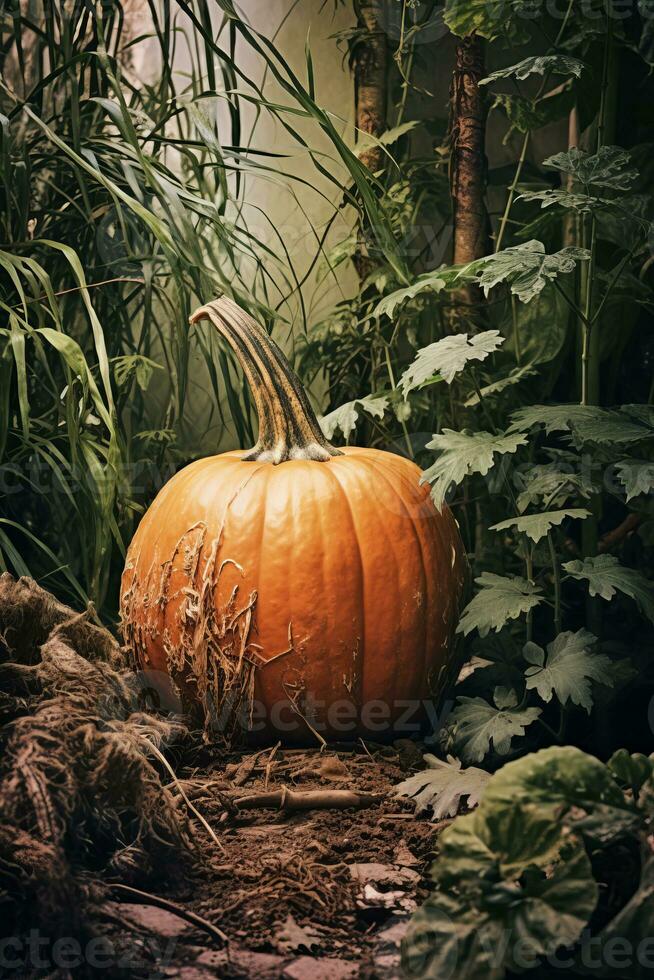 Close-up of ripe orange pumpkins in a field photo