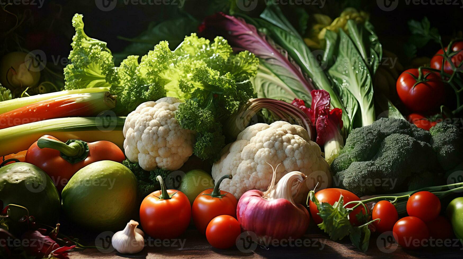 Close-up of various fresh vegetables on the table. Ai generated. photo