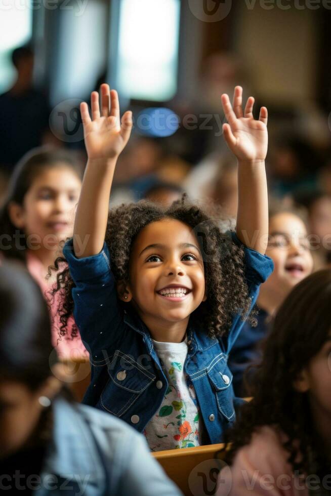 A group of diverse students eagerly raise their hands in a classroom ready for a new school year photo