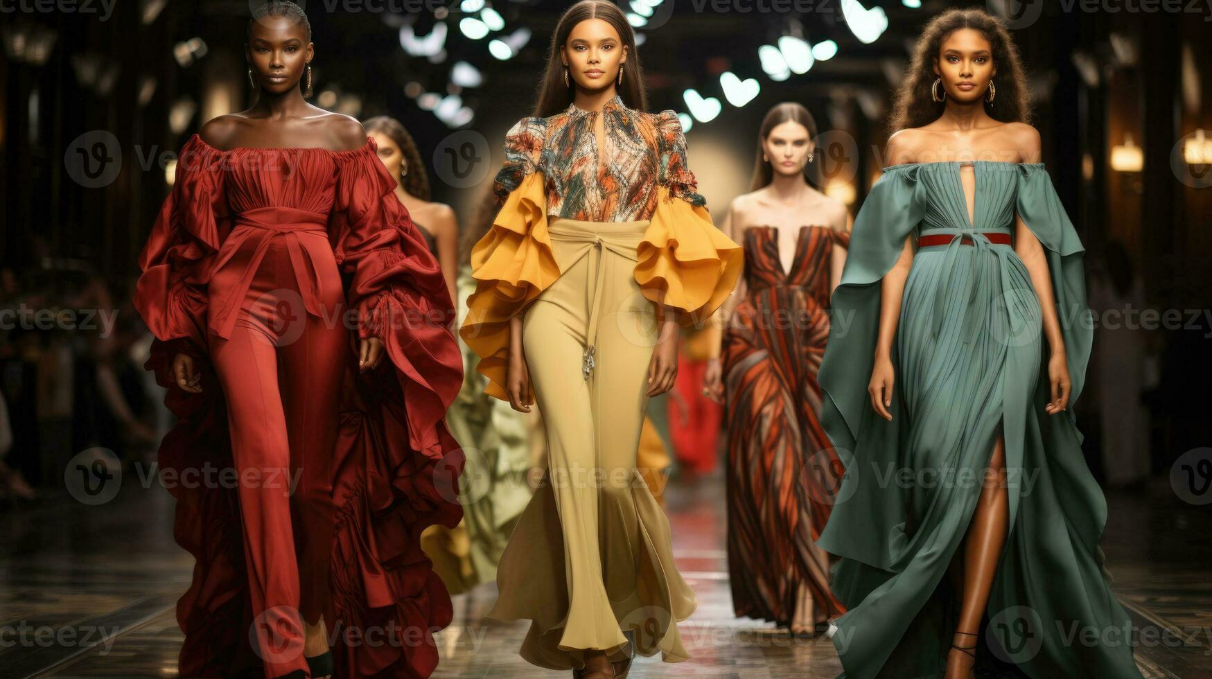 Models strut down the runway in stunning designer outfits mesmerizing the audience with the latest fashion trends photo