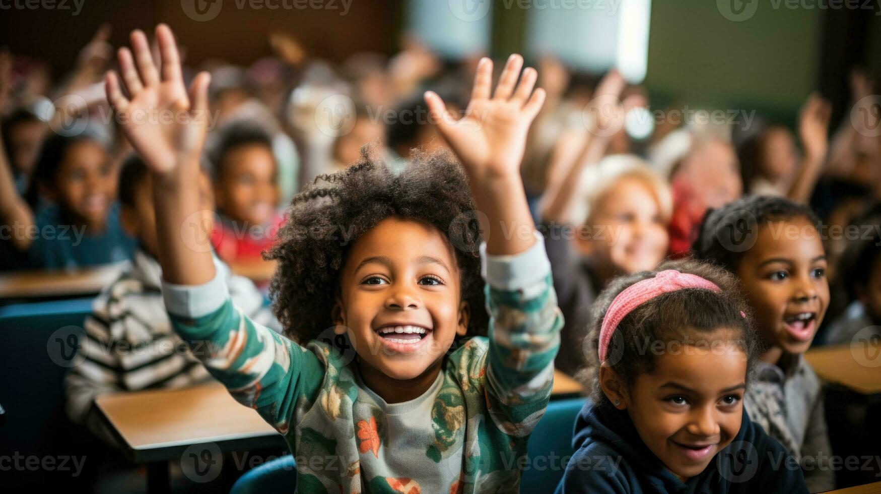 un grupo de diverso estudiantes ansiosamente aumento su manos en un salón de clases Listo para un nuevo colegio año foto