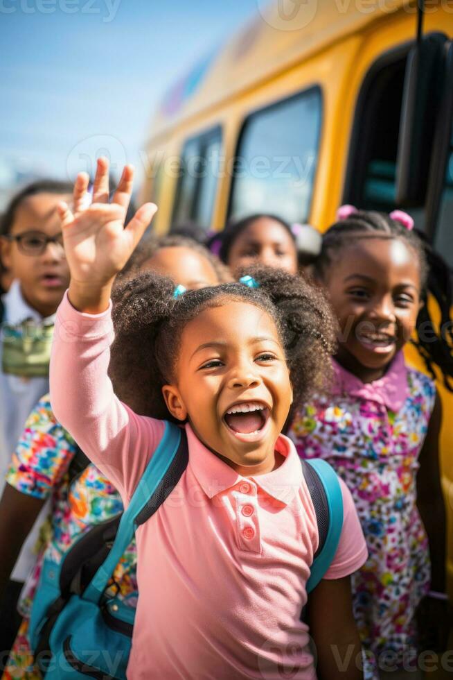 A group of students excitedly gather around a colorful school bus ready to embark on their educational journey photo