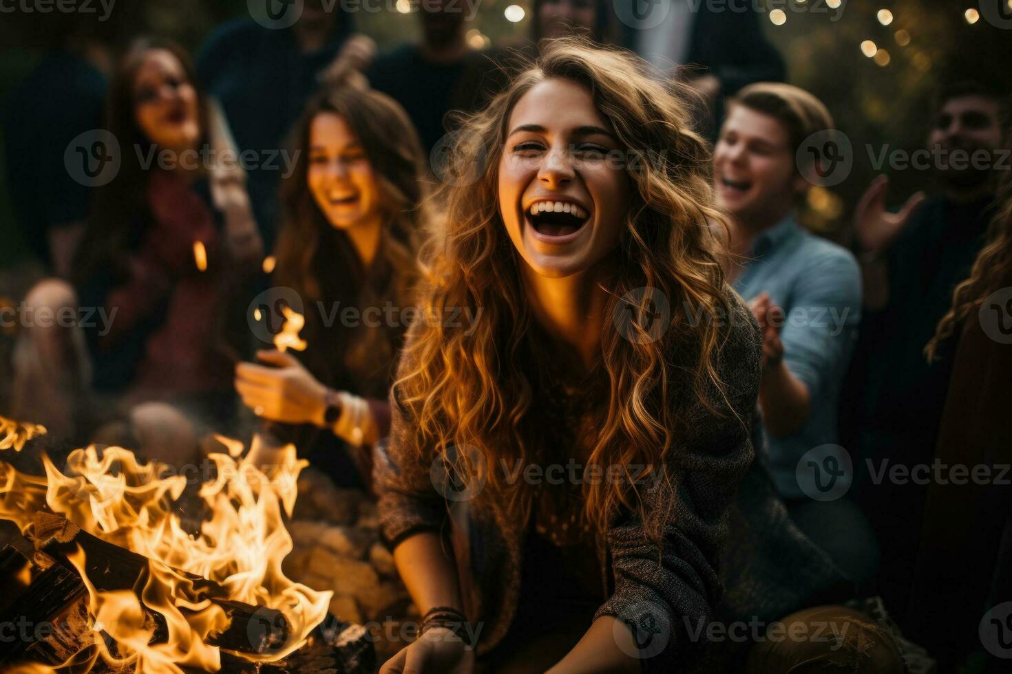 A group of friends gathers around a bonfire dancing and singing to welcome autumns arrival photo