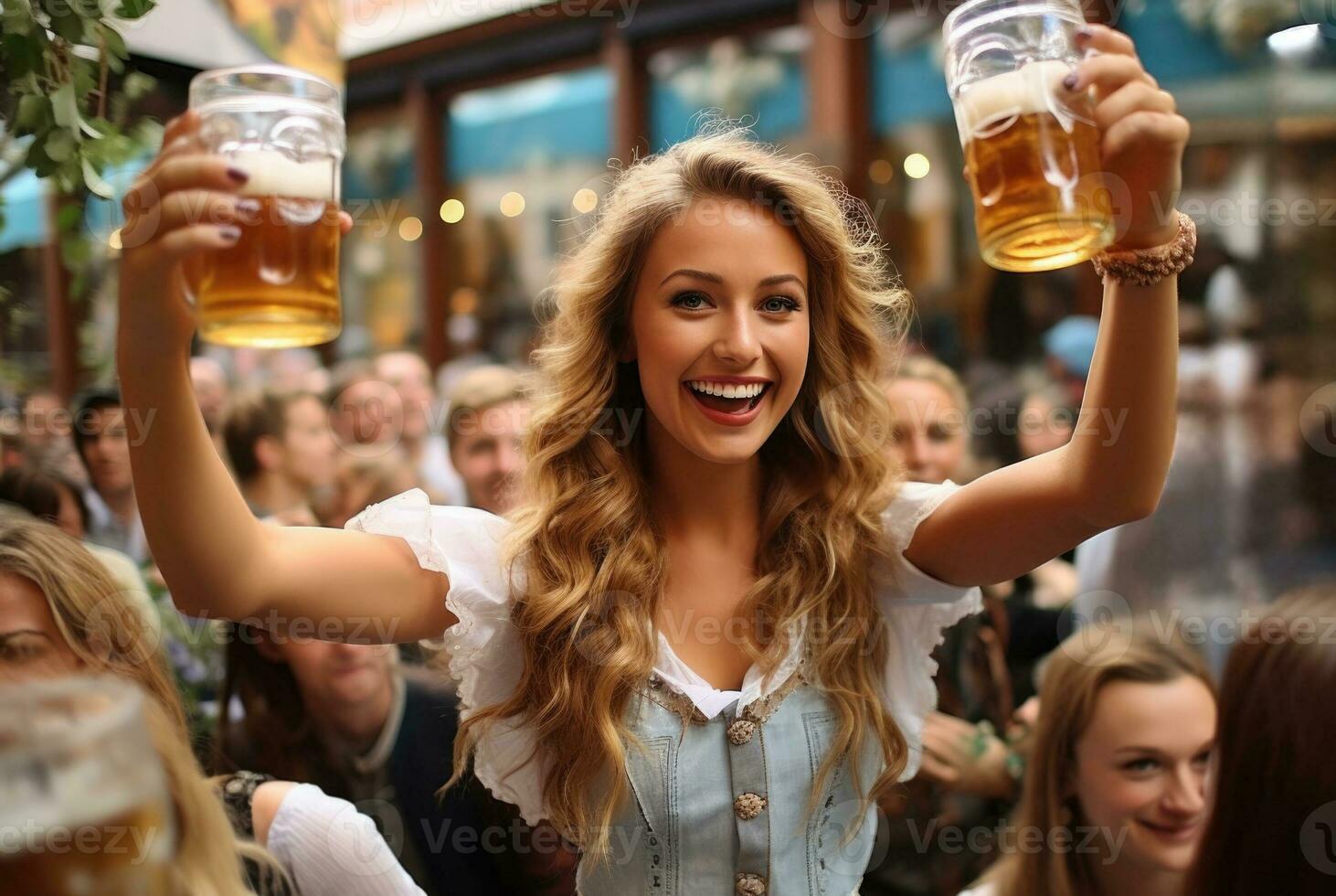 personas en tradicional atuendo aumento cerveza jarras en camaradería como el animado Oktoberfest celebraciones llenar múnich calles con animar foto