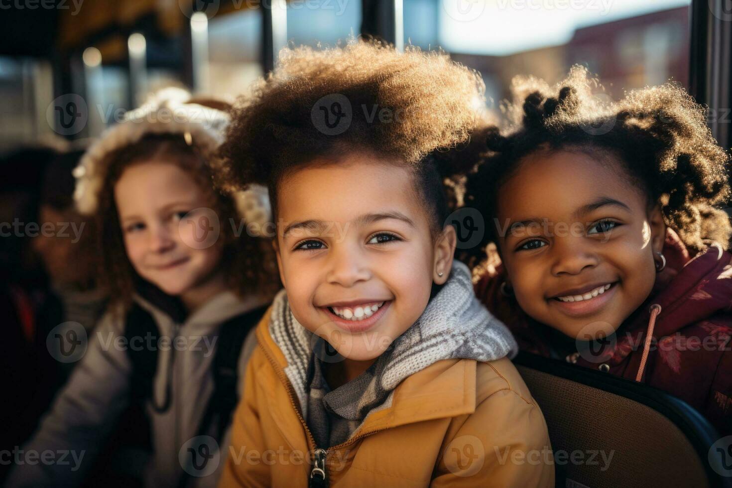 A group of students excitedly gather around a colorful school bus ready to embark on their educational journey photo