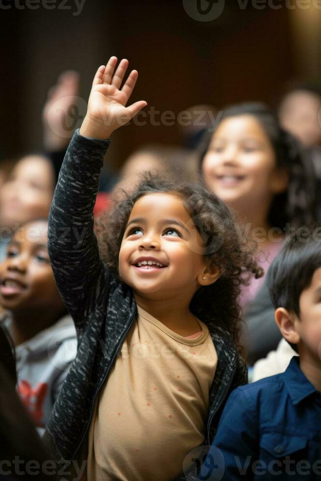 A group of diverse students eagerly raise their hands in a classroom ready for a new school year photo