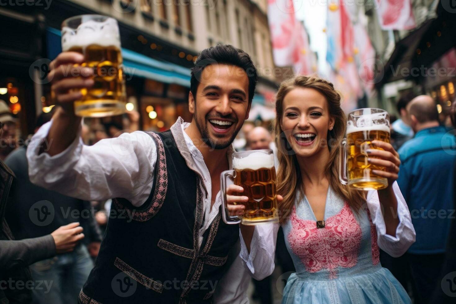 People in traditional attire raise beer steins in camaraderie as the lively Oktoberfest celebrations fill Munichs streets with cheer photo