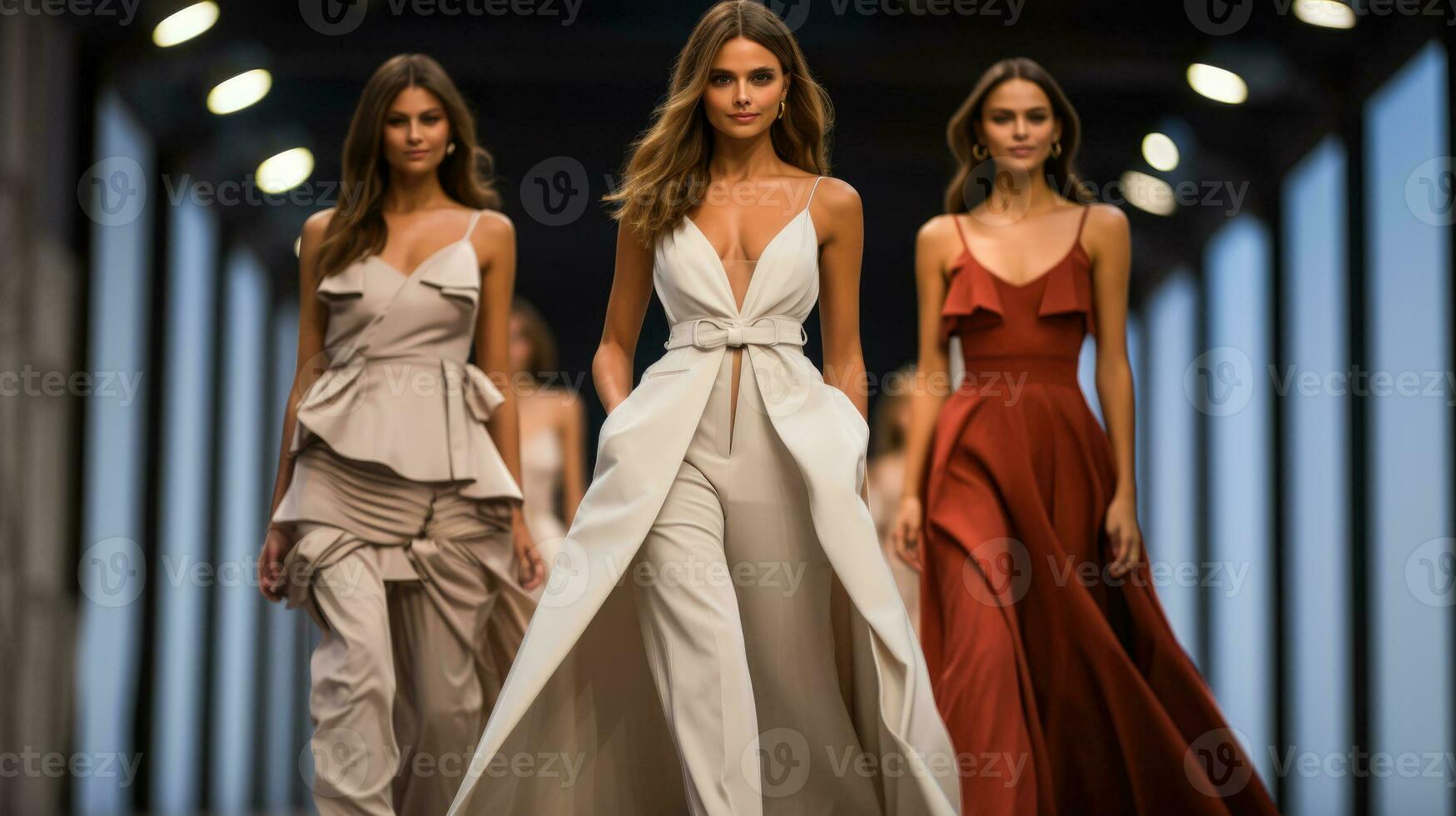 Models strut down the runway wearing modern couture designs captivating the audience with their elegance and style photo