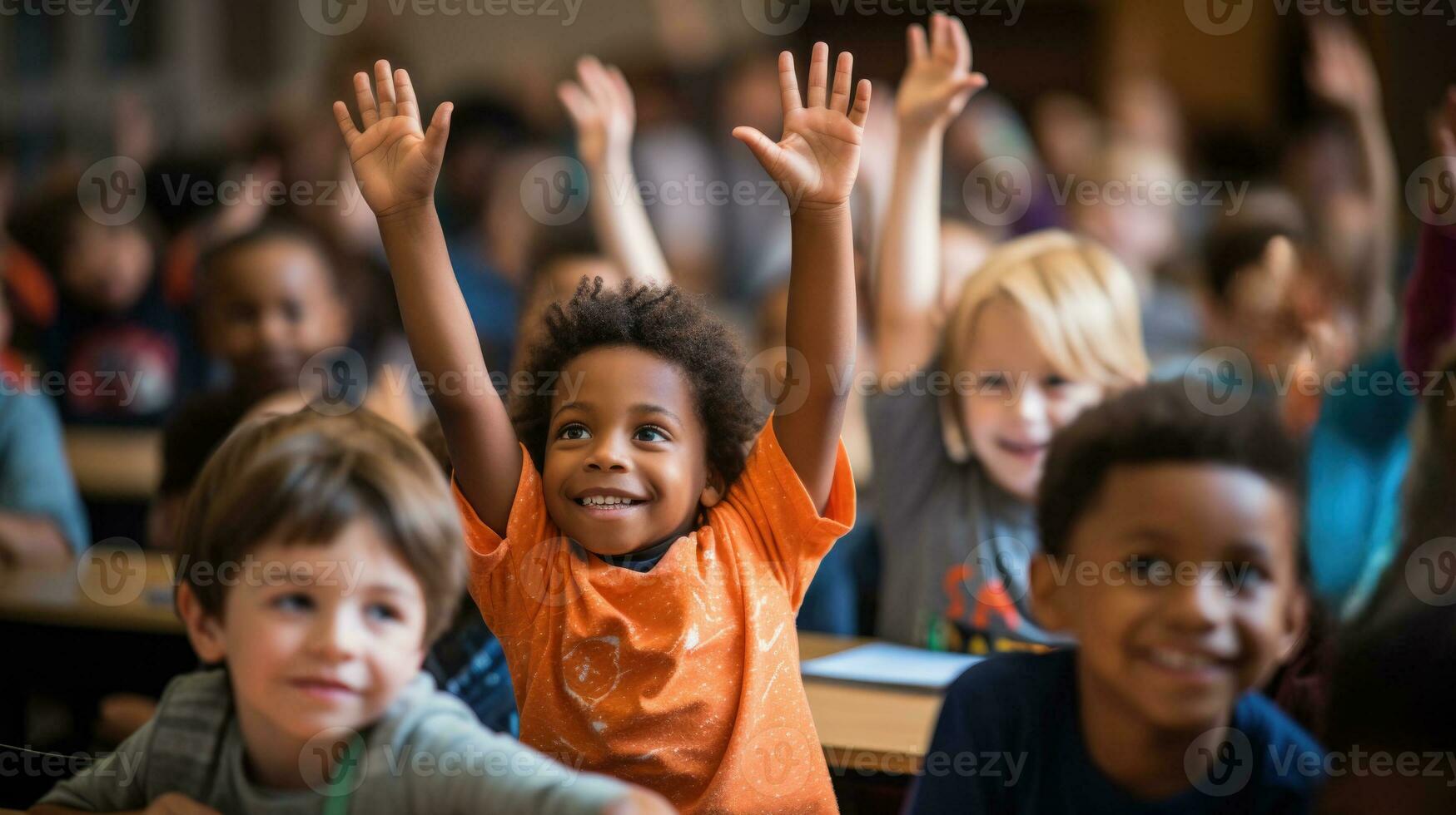 A group of diverse students eagerly raise their hands in a classroom ready for a new school year photo