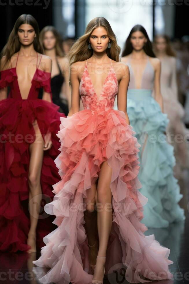 A runway filled with models showcasing the latest trends in haute couture at a glamorous September Fashion Week event photo