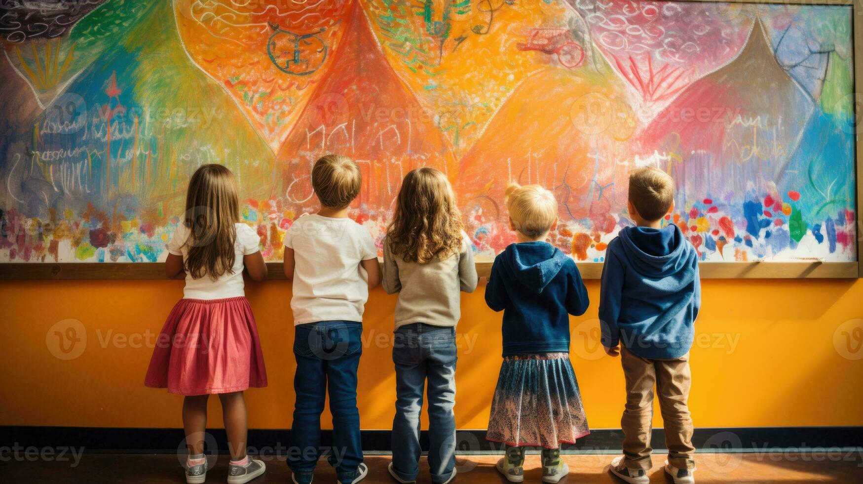 Students eager and excited gather around a colorful chalkboard ready to embark on another year of learning adventures photo