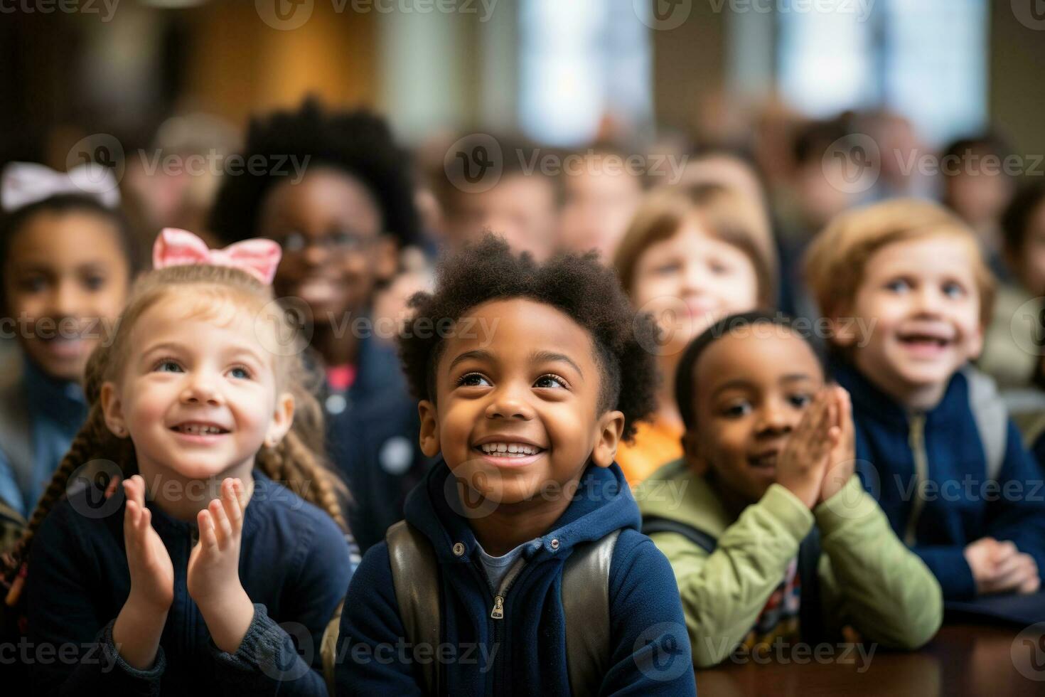 A group of diverse students eagerly raise their hands in a classroom ready for a new school year photo