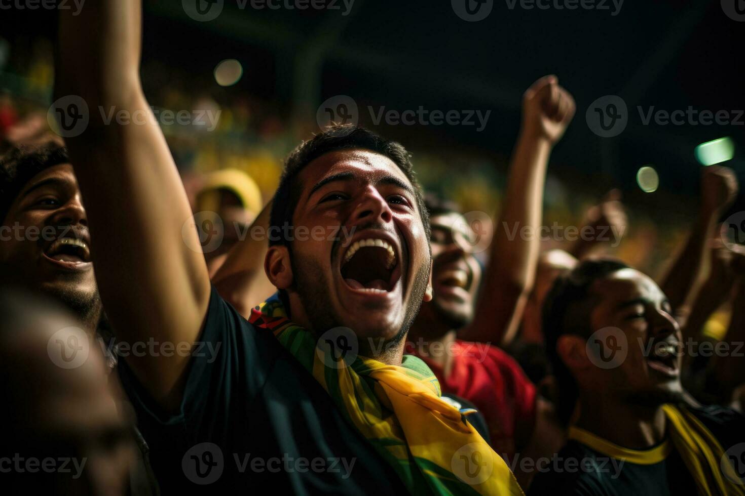 A group of passionate fans roar in excitement as the football season kicks off with a thrilling game photo