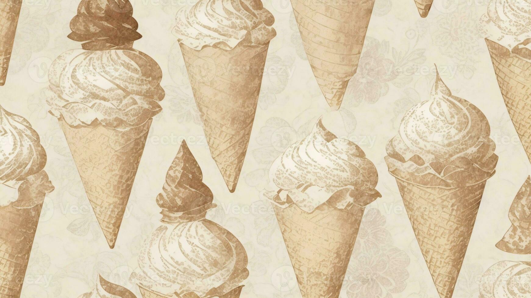 Seamless pattern with ice cream cones on old paper background. ai generated photo