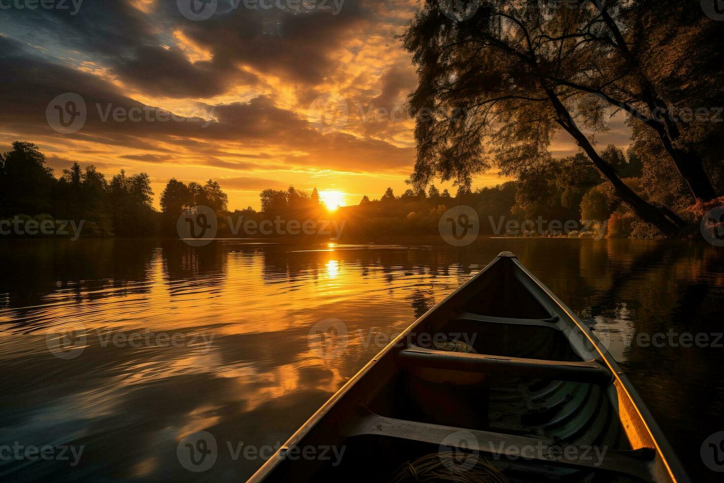 A serene evening on the tranquil autumn lakes as fishers cast their lines beneath a breathtaking sunset photo