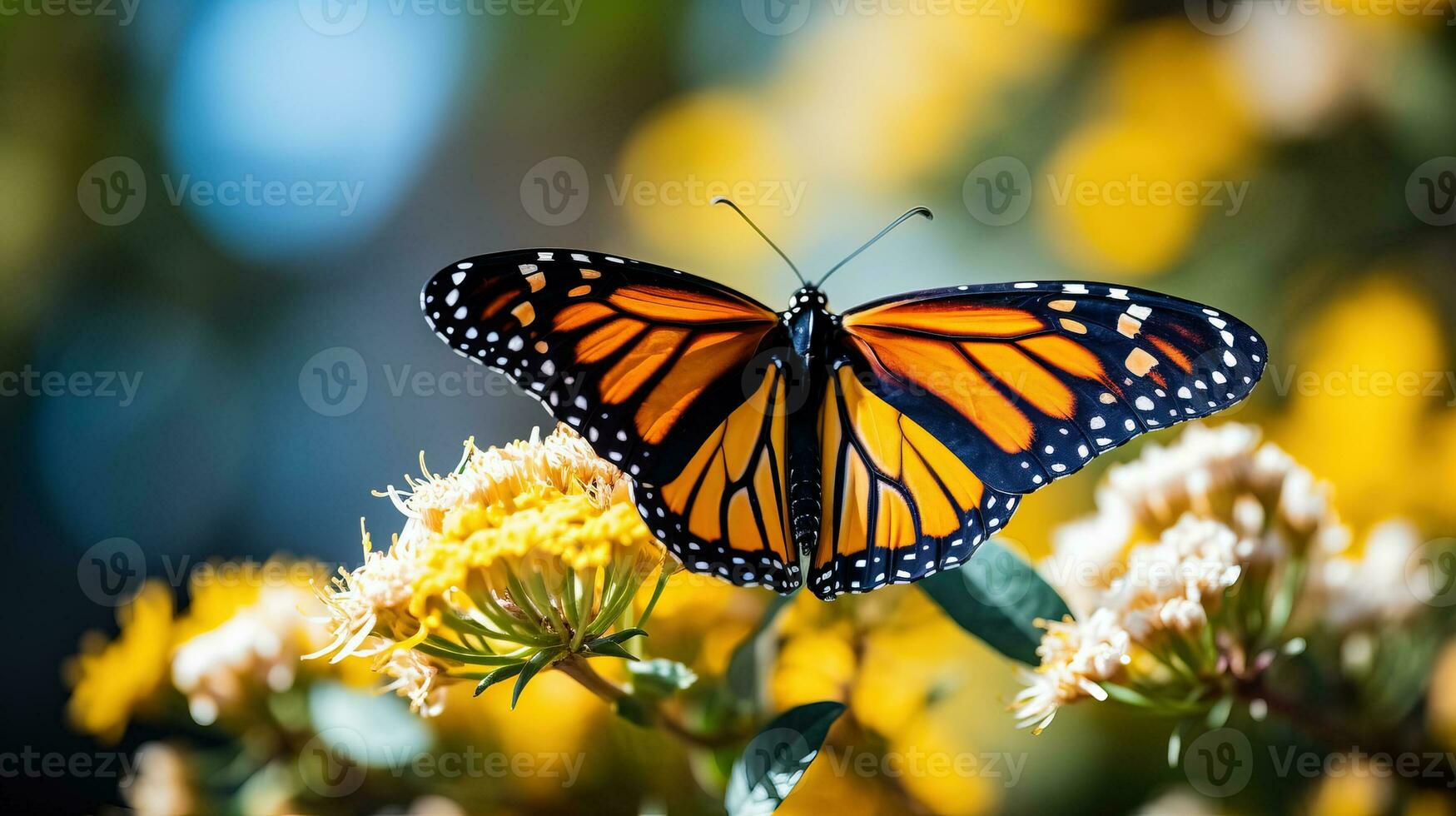 A close-up shot of a single Monarch butterfly perched on a blooming flower background with empty space for text photo