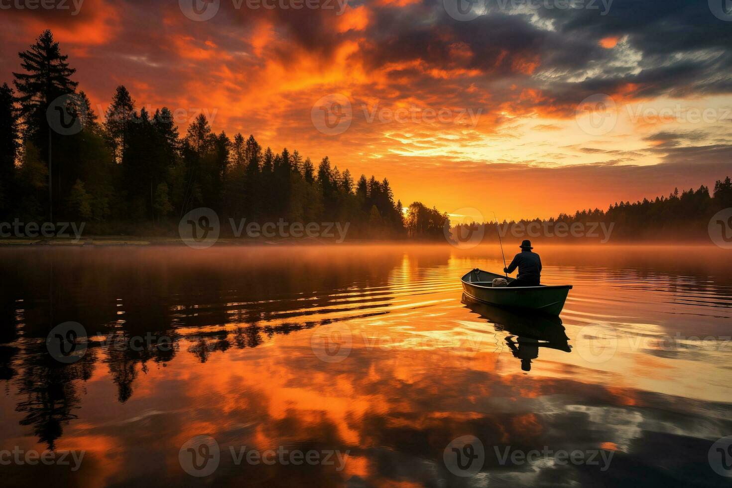 A serene silhouette of a fisherman casting his line into a vibrant sunset reflecting the beauty of autumn on calm lakes photo