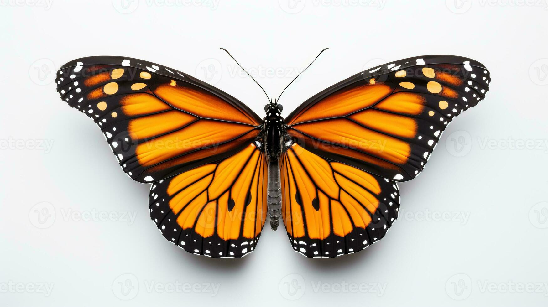 un majestuoso monarca mariposa en en pleno vuelo simbolizando el impresionante viaje de migración en contra un puro blanco fondo foto