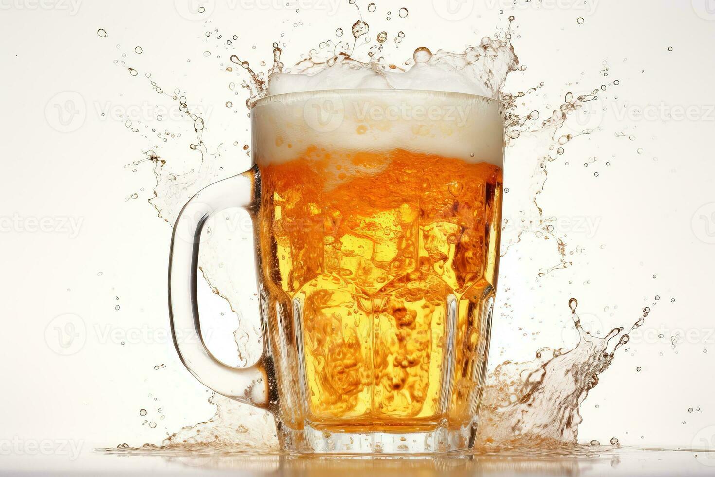 A cold frothy beer mug overflowing with golden bubbles captures the spirit of Oktoberfest celebrations isolated on a white background photo