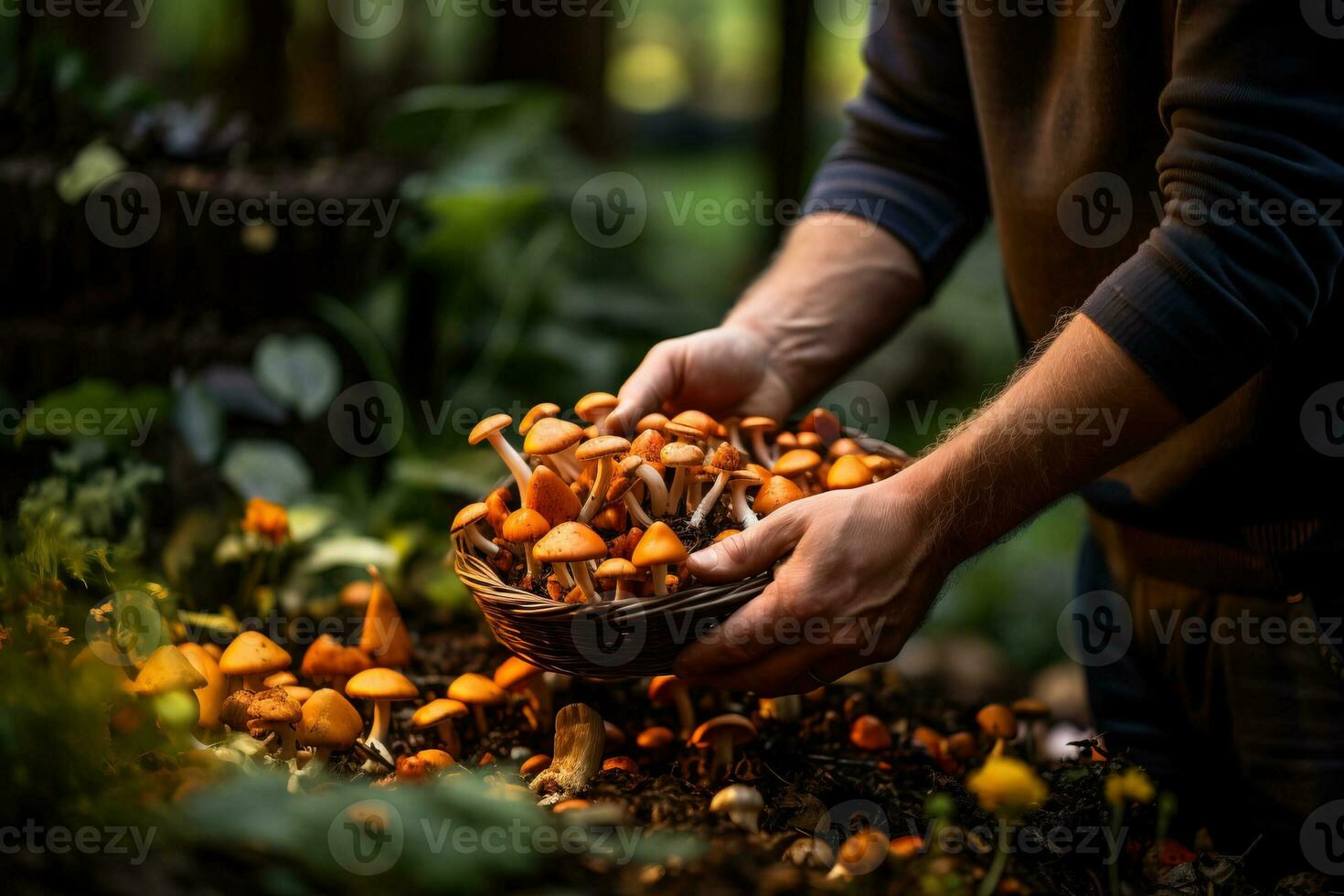 A curious hand reaching for a vibrant assortment of wild mushrooms showcasing the thrill of forest foraging photo