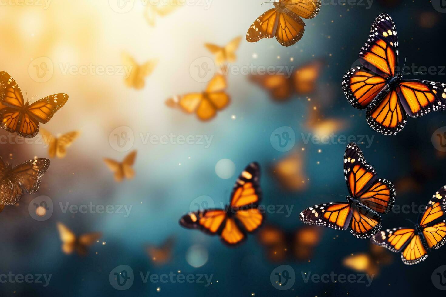 A mesmerizing close-up shot of a cluster of Monarch butterflies background with empty space for text photo