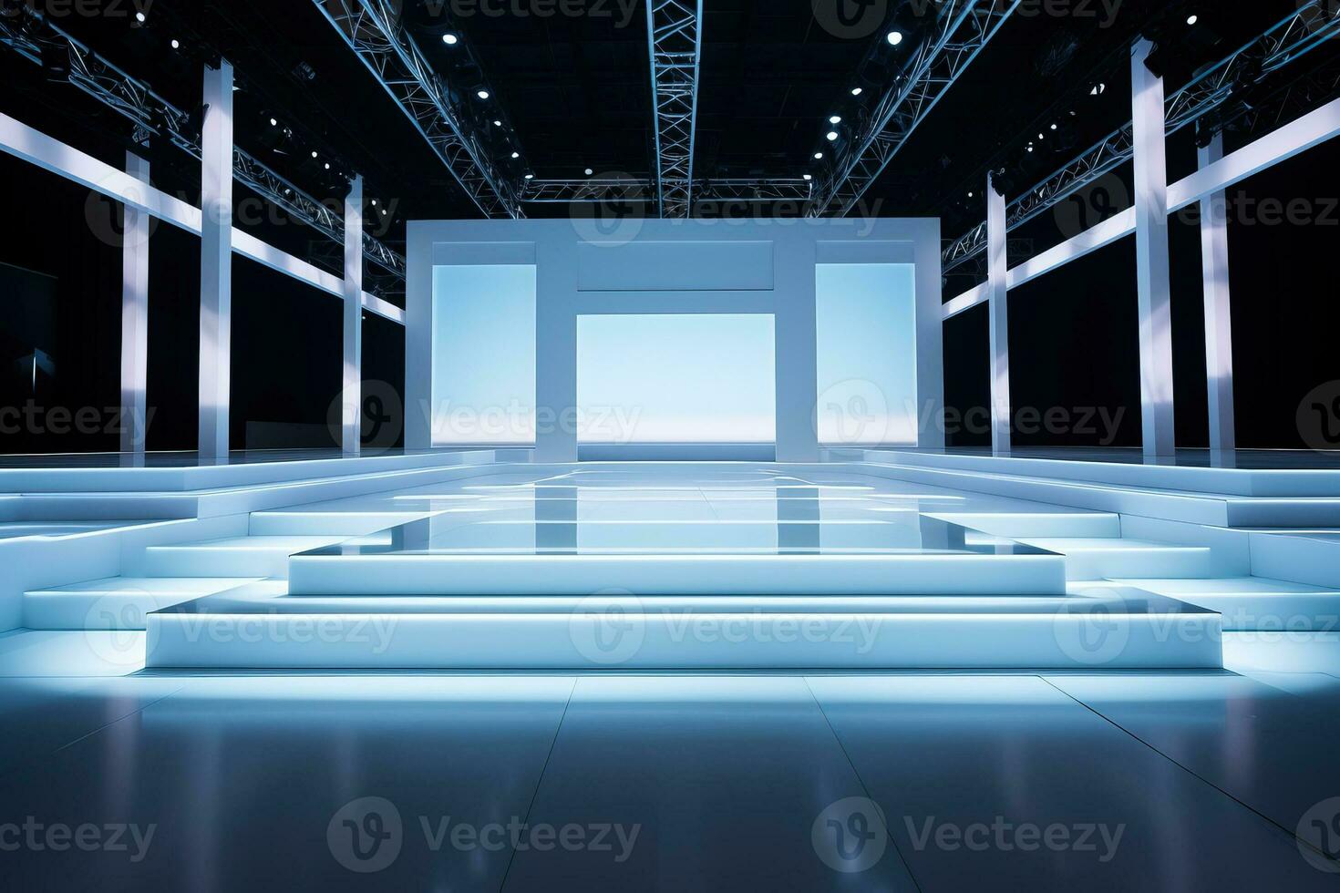 A stylish runway with empty seats and a catwalk background with empty space for text photo