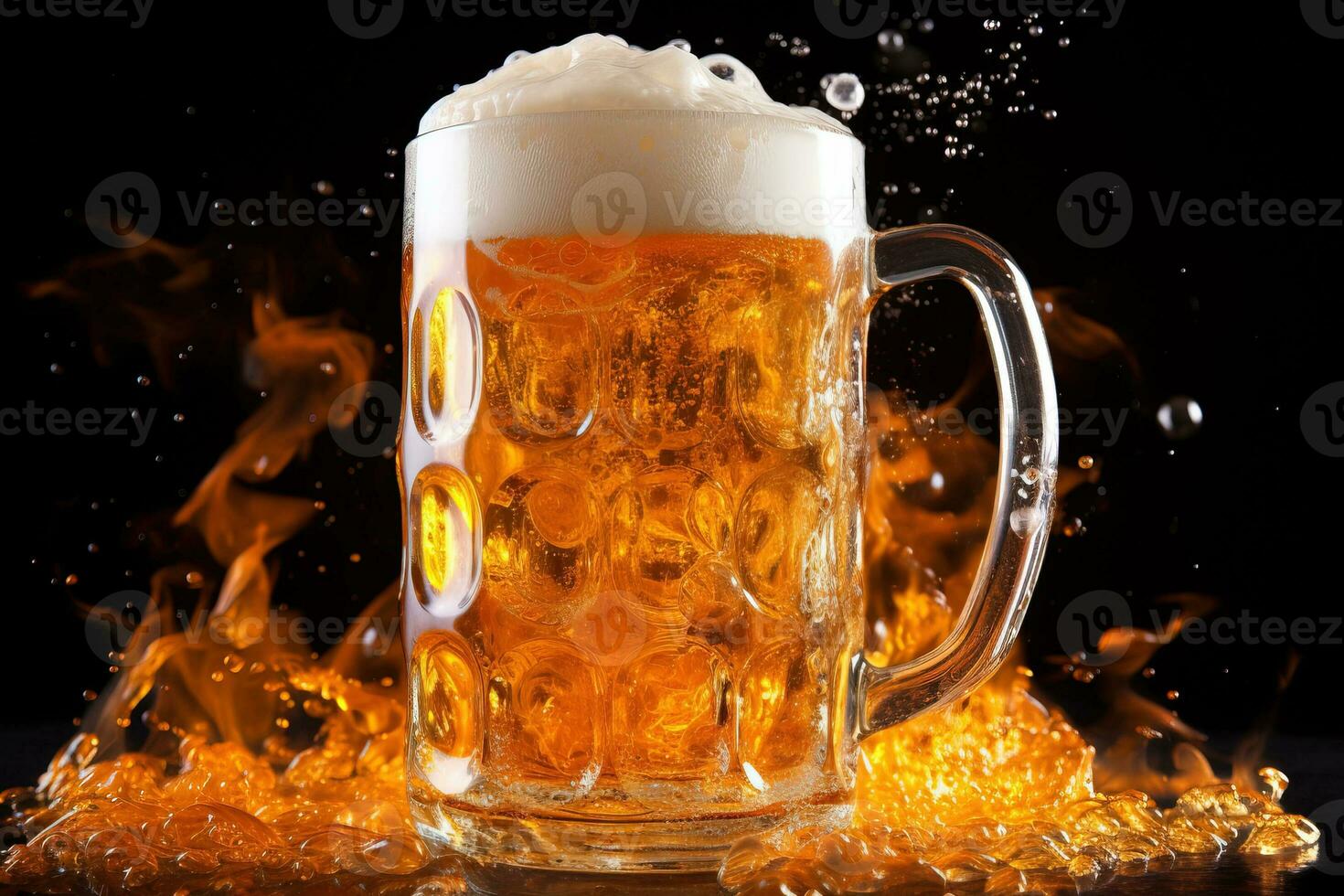 A cold frothy beer mug overflowing with golden bubbles captures the spirit of Oktoberfest celebrations isolated on a white background photo