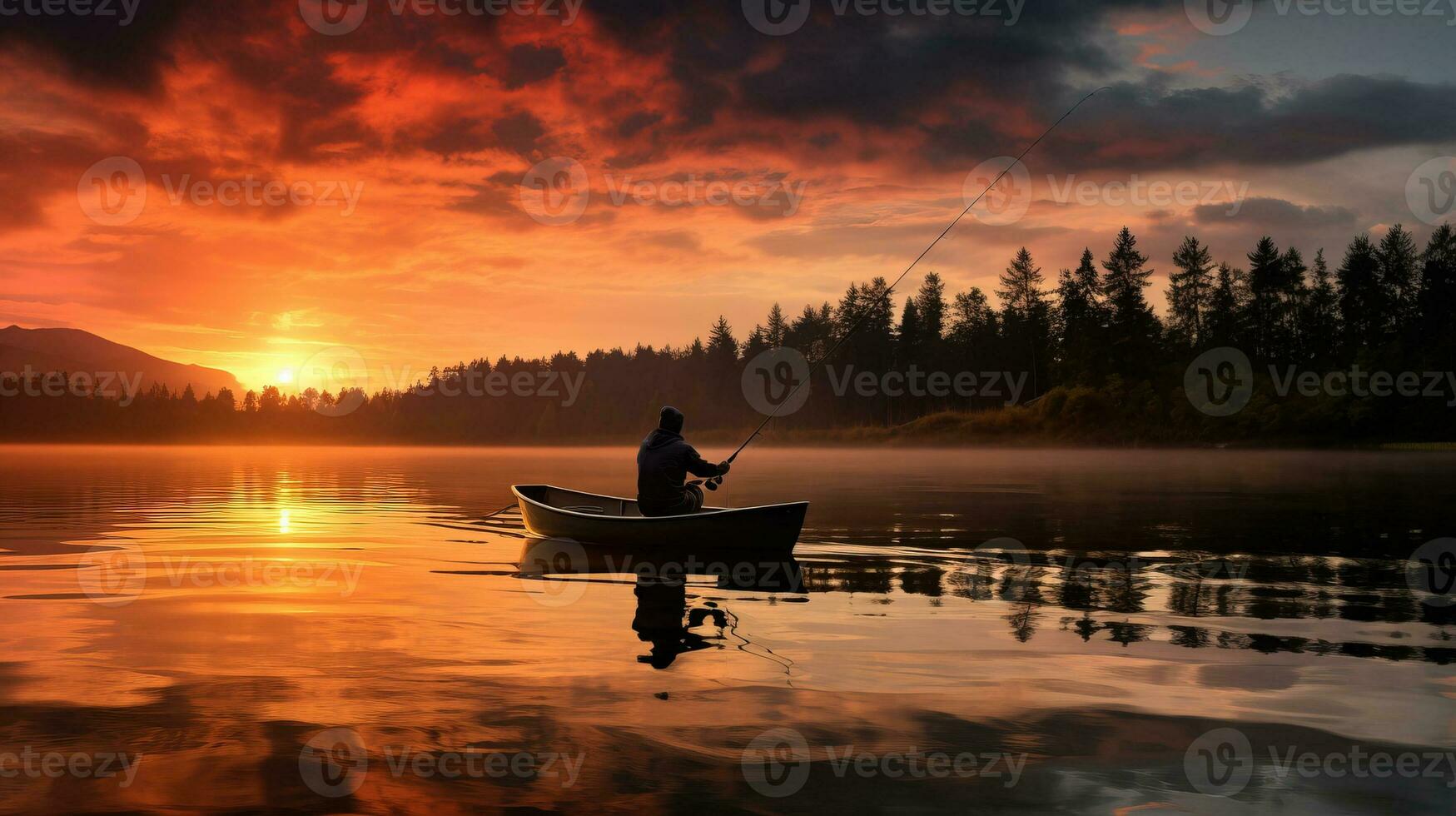 A serene silhouette of a fisherman casting his line into a vibrant sunset reflecting the beauty of autumn on calm lakes photo