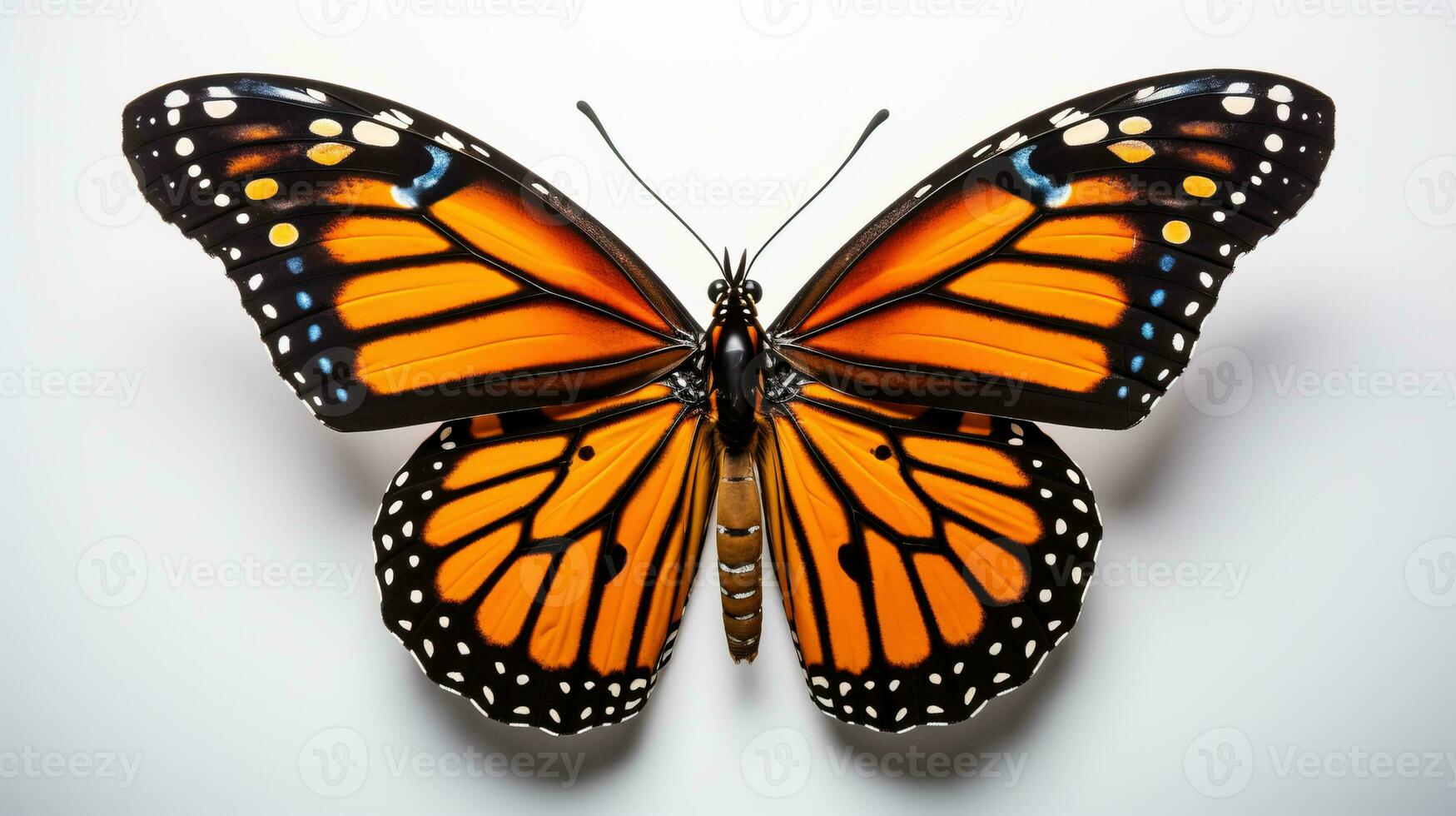 A majestic monarch butterfly in mid-flight symbolizing the awe-inspiring journey of migration against a pure white backdrop photo