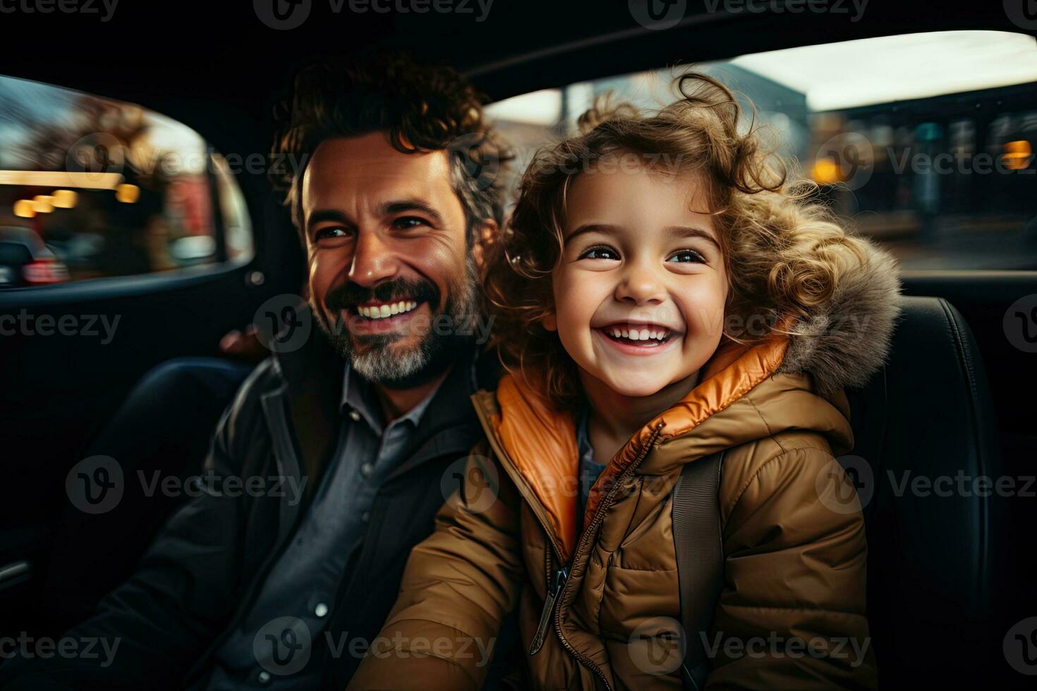 happy father and daughter looking at camera while sitting in backseat of car. Generative AI photo