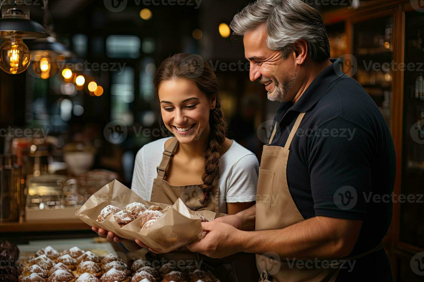 Employees package customers with fresh pastries in a stylish shop.. Generative AI photo