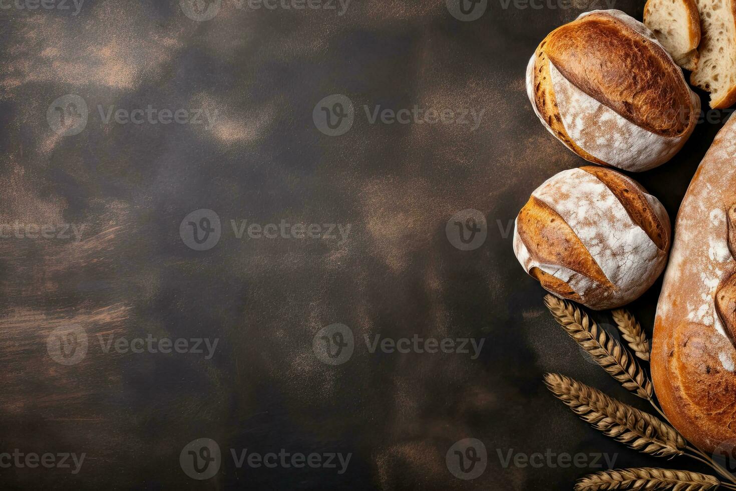 Freshly baked bread and wheat ears on rustic background. Top view with copy space. Generative AI photo