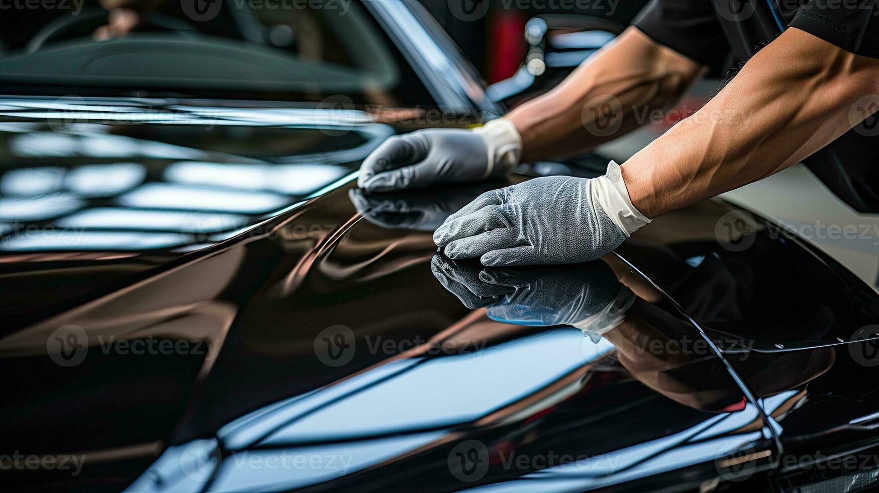 Close up of a auto body mechanic buffing a scratch on sports car. Generative AI photo