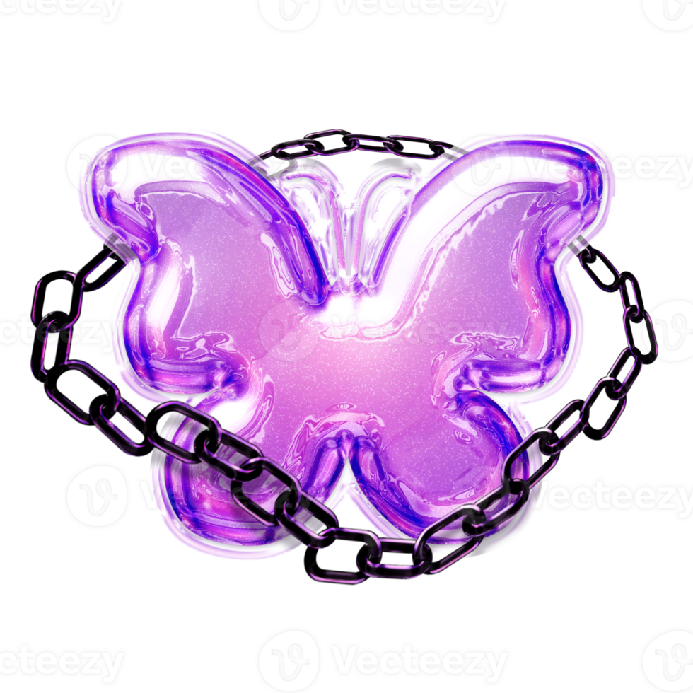 Y2K butterfly with chain purple sticker element with chrome effect png