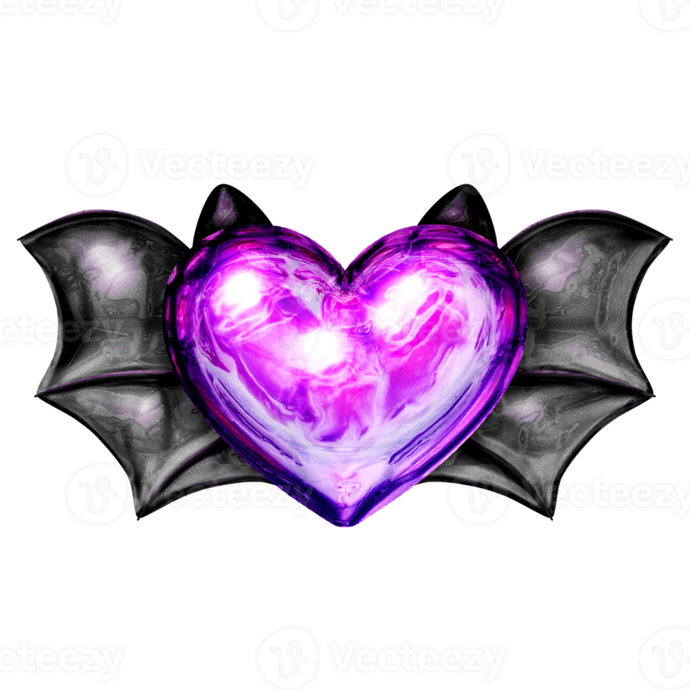 Y2K devil heart with wings purple sticker element with chrome effect png