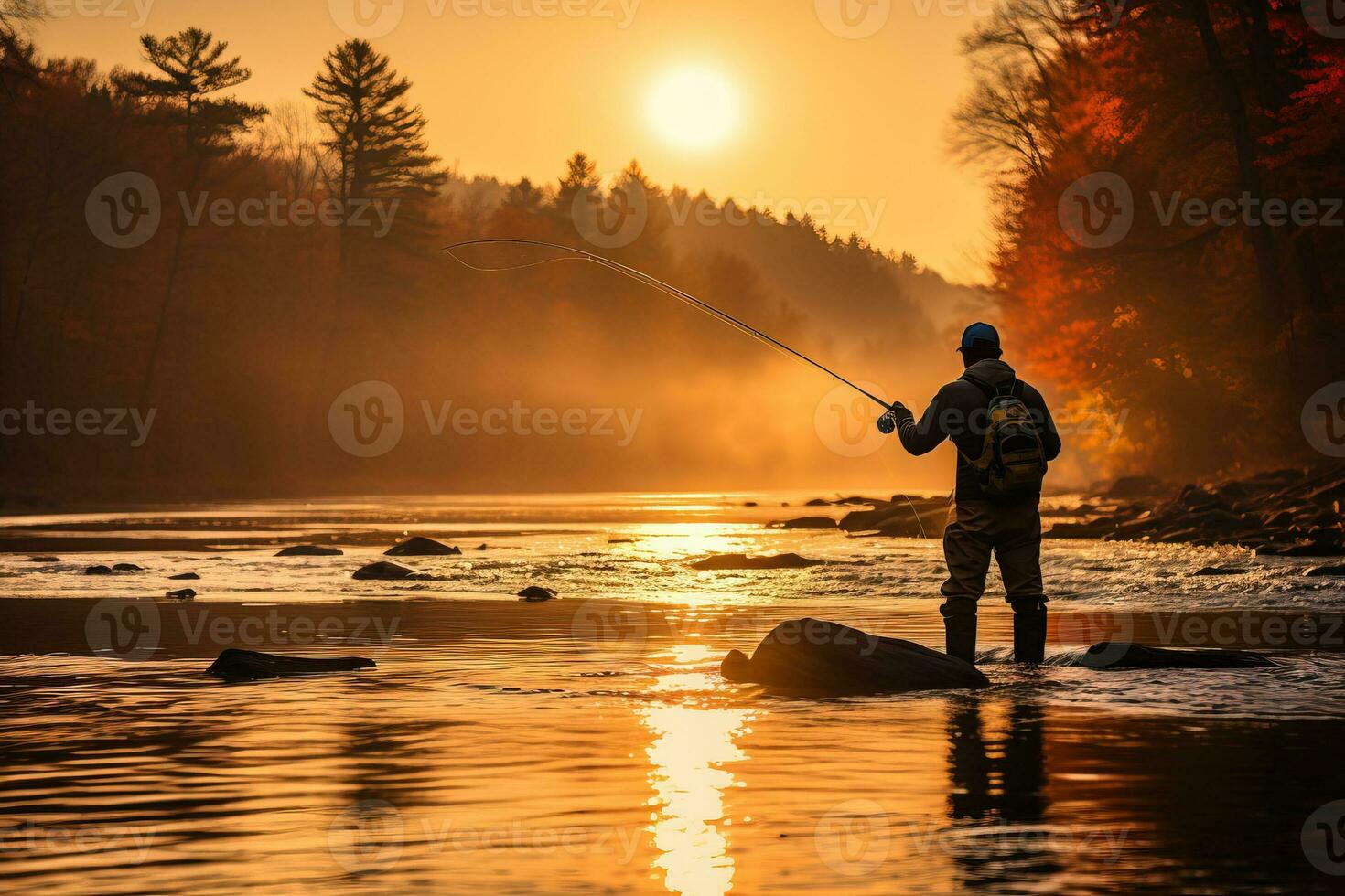 A silhouette of a fisherman casting his line into a golden-hued autumn lake as the sun sets in the background photo