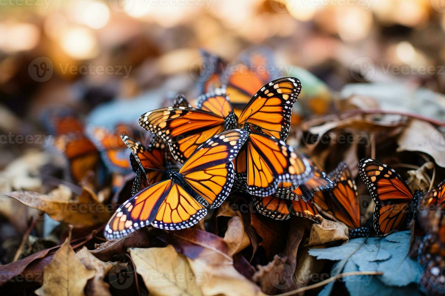 A mesmerizing close-up shot of a cluster of Monarch butterflies background with empty space for text photo