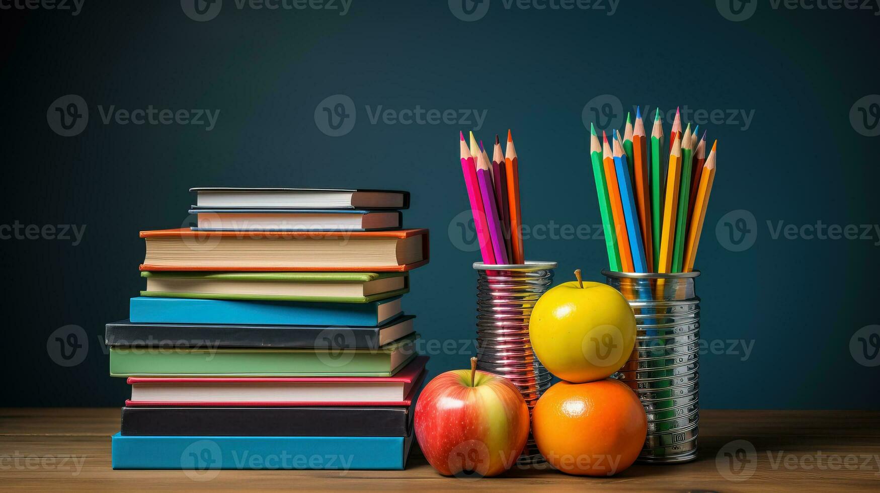 A colorful stack of books pencils and rulers symbolizing knowledge creativity and preparation for the new school year photo