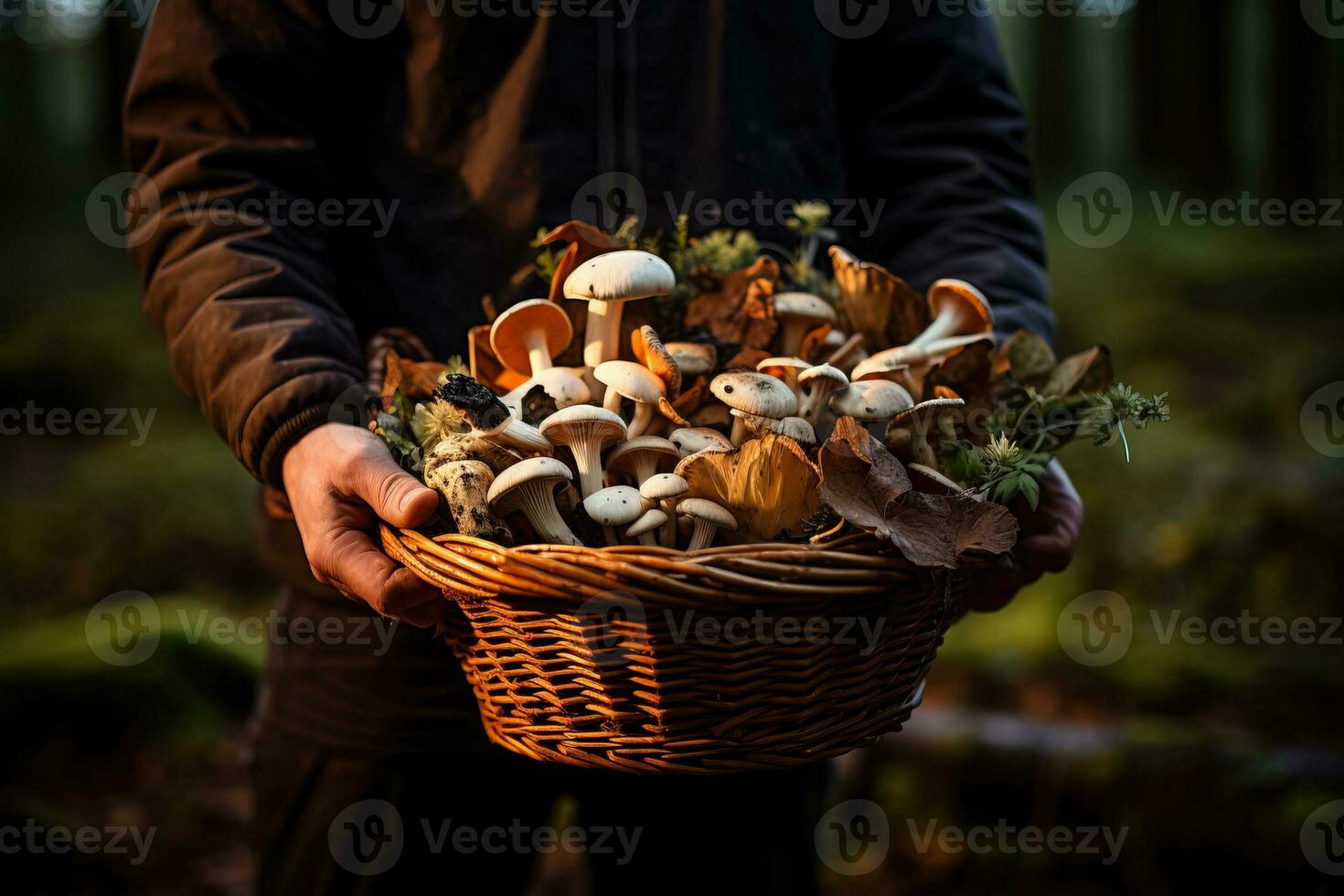 un mano participación un cesta lleno con recién forrajeado salvaje hongos exhibiendo el abundante tesoros de el bosque foto