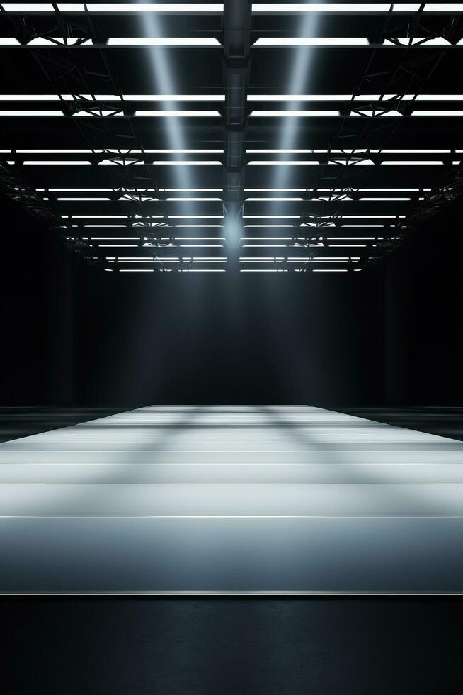 A stylish runway with empty seats and a catwalk background with empty space for text photo
