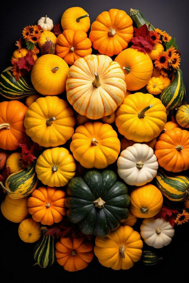 Colorful pumpkins arranged in a circle symbolize the autumn equinox a time of harvest and balance photo