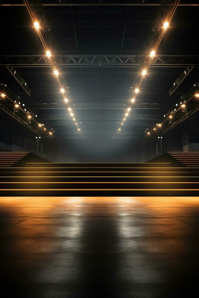 A stylish runway with empty seats and a catwalk background with empty space for text photo