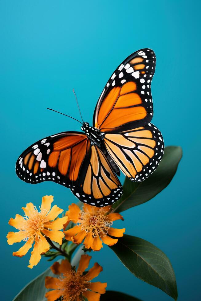 A close-up shot of a single Monarch butterfly perched on a blooming flower background with empty space for text photo