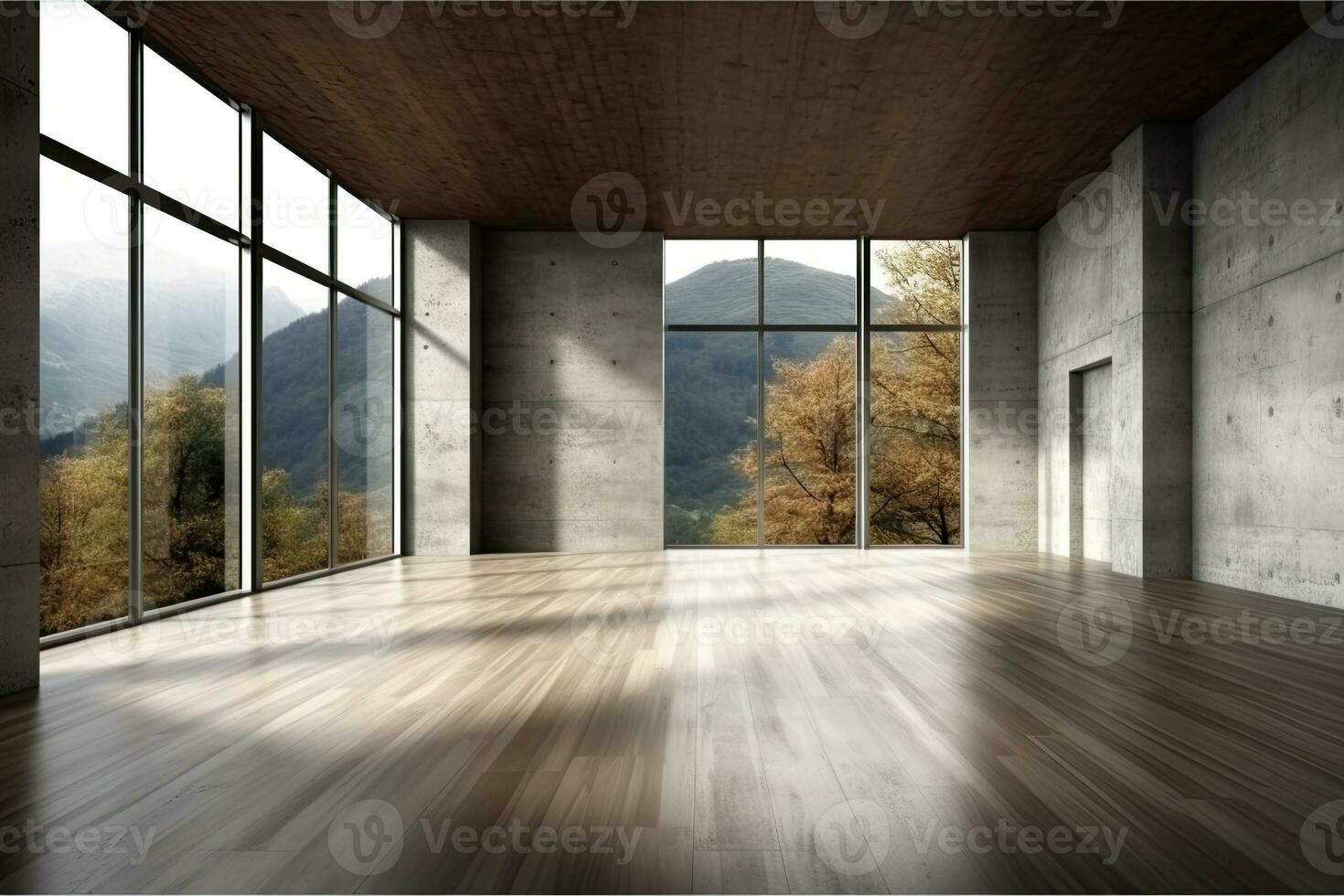 Empty room with panoramic window and mountain view. Generative AI